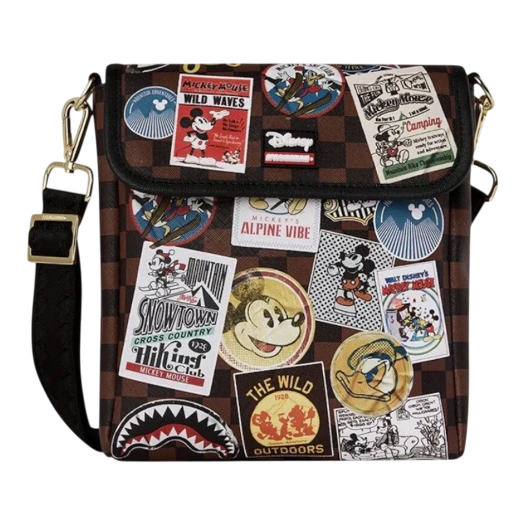 HypeSelection Sprayground Mickey Mouse messenger sling bag with brown checkered pattern and vintage graphic patches