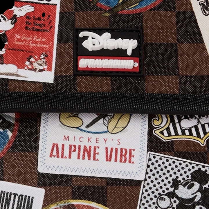 HypeSelection Sprayground Mickey Mouse messenger sling bag featuring a brown checkered pattern and graphic patches