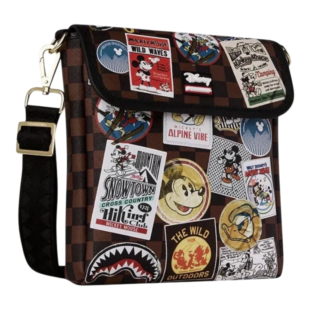 HypeSelection Sprayground Mickey Mouse messenger sling bag with brown checkered pattern and vintage graphic patches