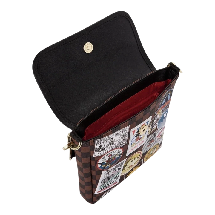 HypeSelection Sprayground Mickey Global Mogul messenger sling bag with brown checkered pattern and graphic patches