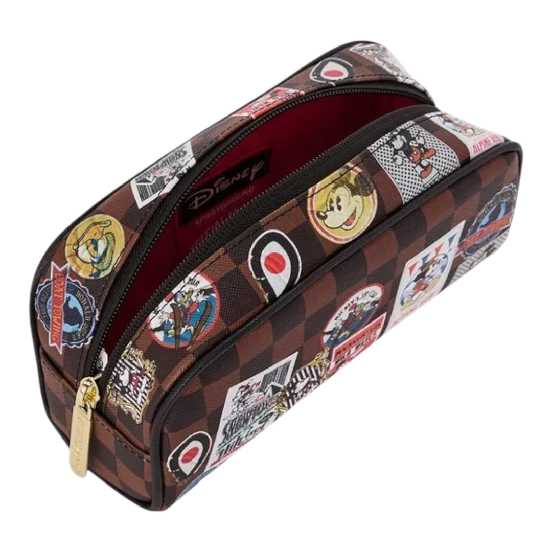 HypeSelection Sprayground Mickey Mouse pencil case featuring a brown checkered pattern and colorful Disney patches.