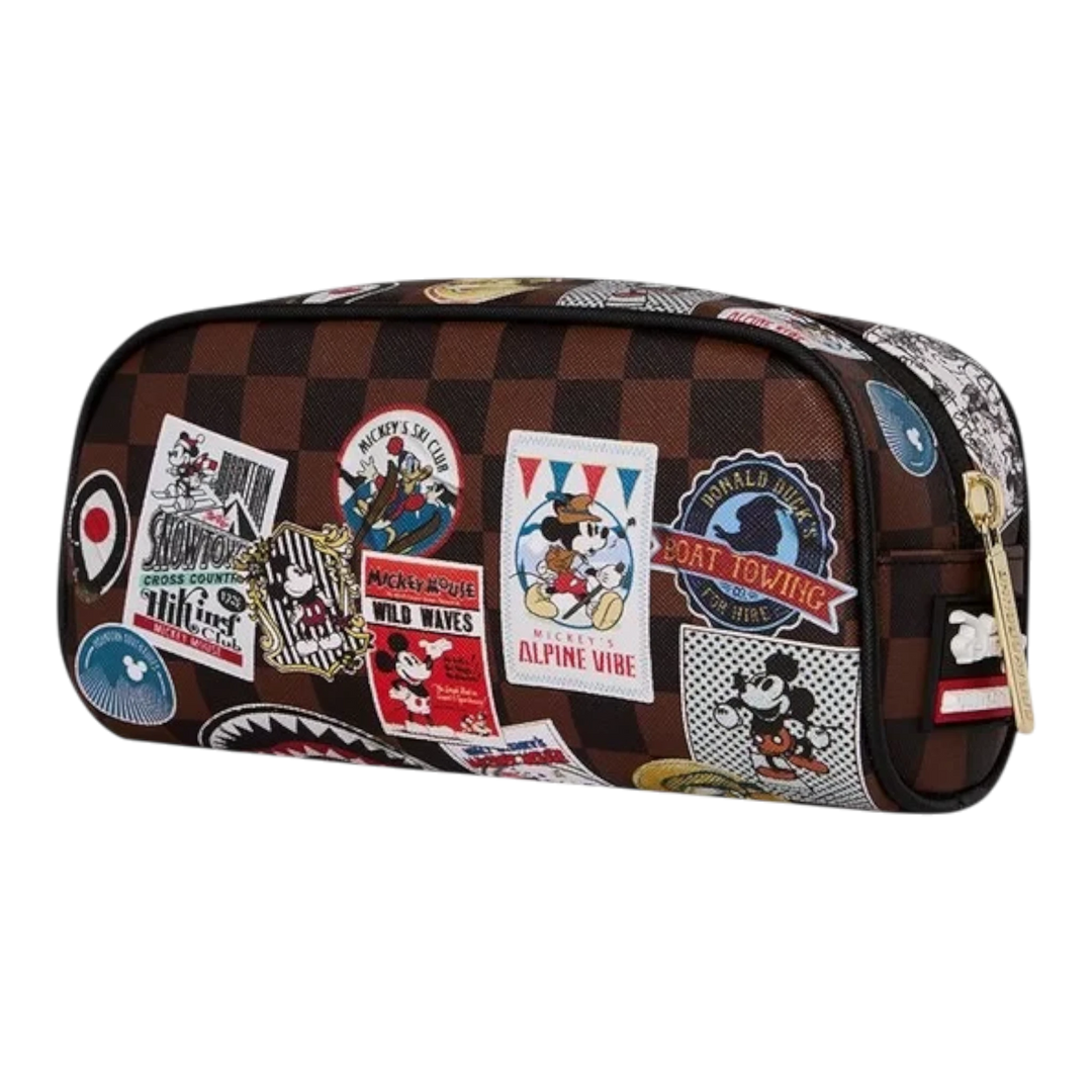 HypeSelection Sprayground Mickey Mouse pencil case featuring a brown checkered pattern and various vintage Disney patches