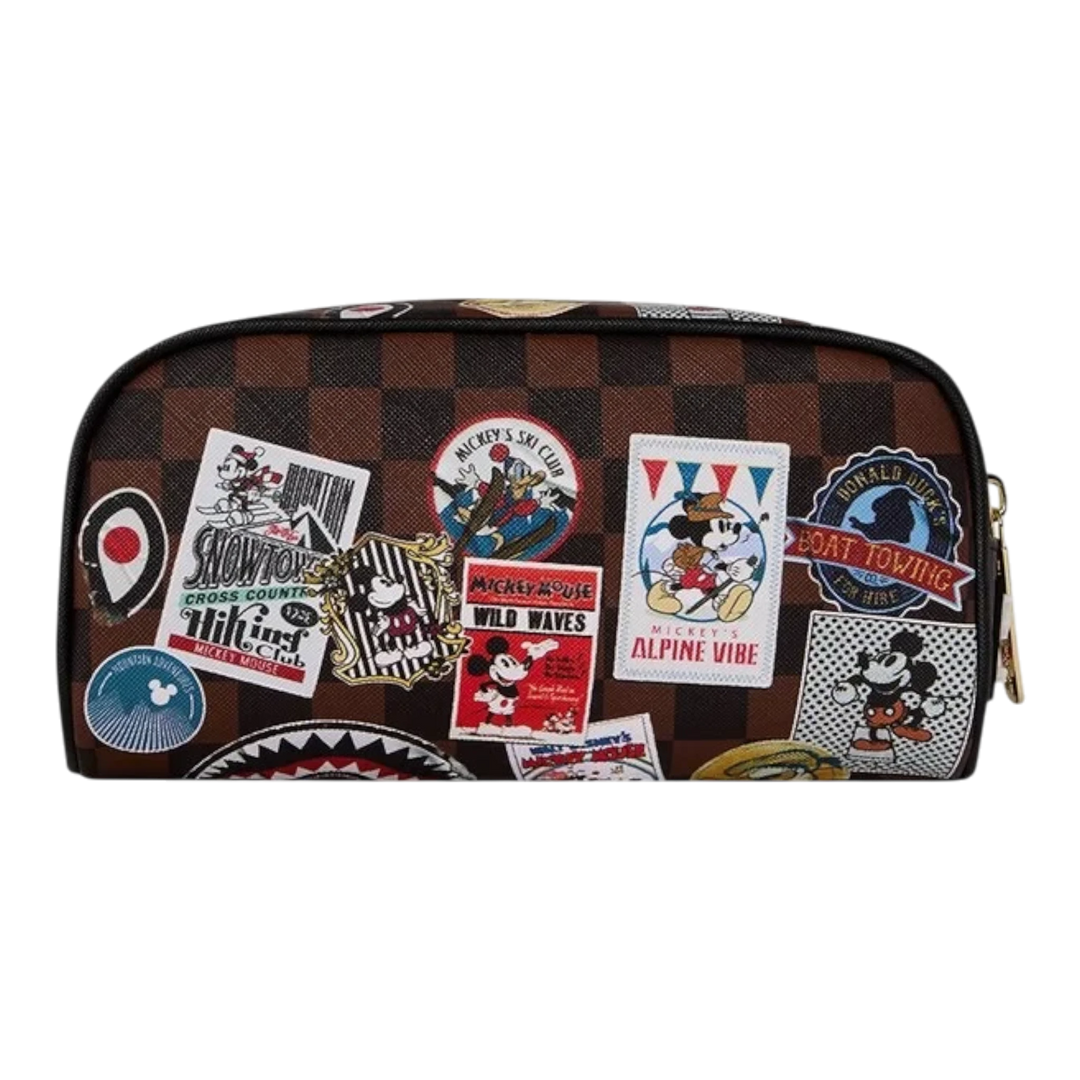 HypeSelection Sprayground Mickey Mouse pencil case featuring a brown checkered pattern with colorful vintage patches.