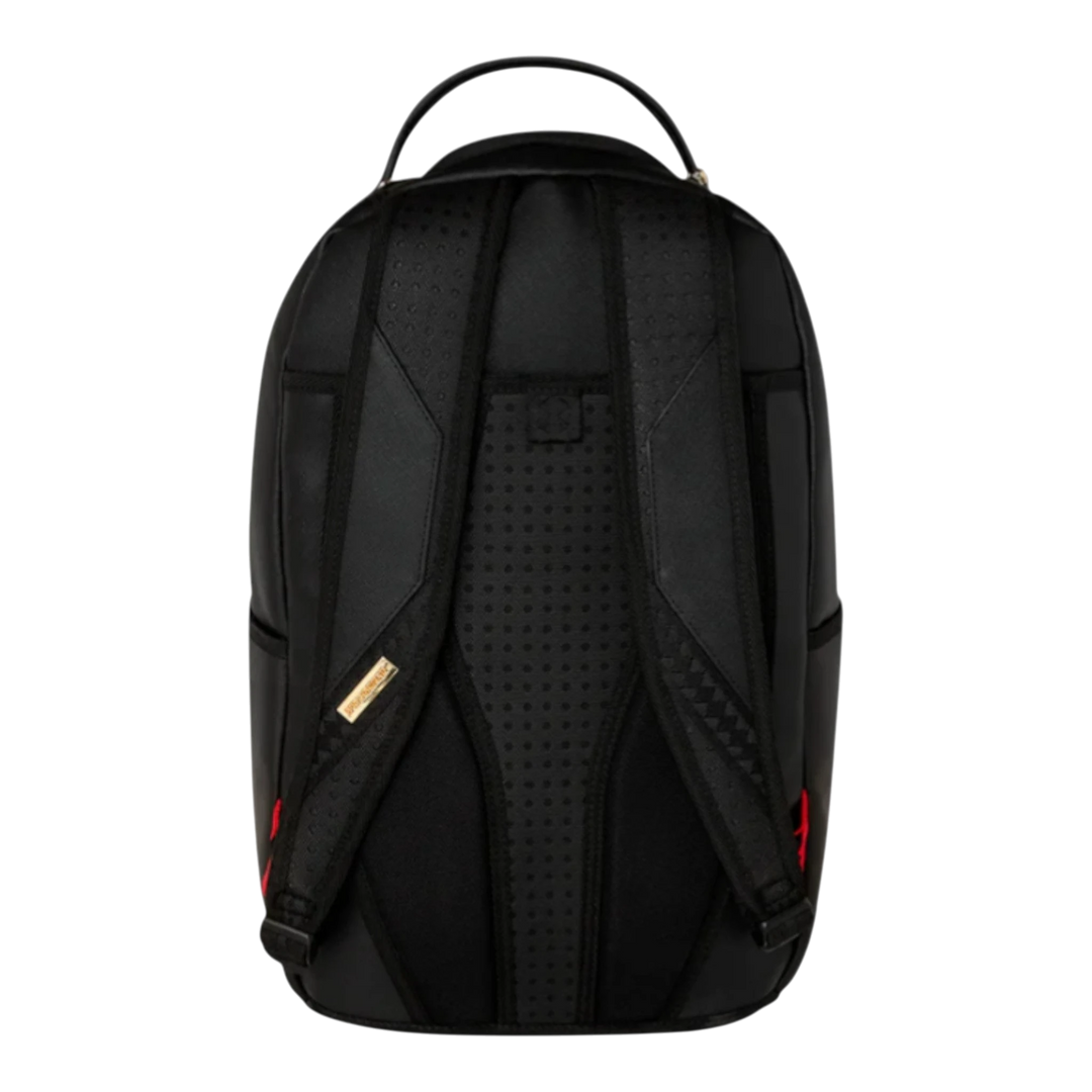 HypeSelection Sprayground Missing Bag Flyer backpack, black faux leather with red accents and unique tear-off flyer graphic design.
