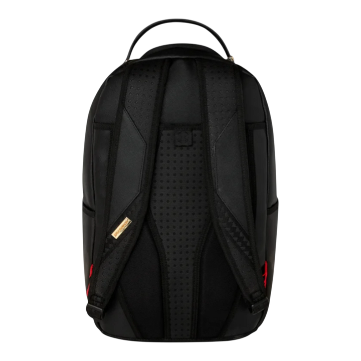 HypeSelection Sprayground Missing Bag Flyer backpack, black faux leather with red accents and unique tear-off flyer graphic design.