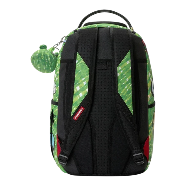 HypeSelection Sprayground Money Bear Doodle DLXSV backpack showing the green patterned back panel and straps