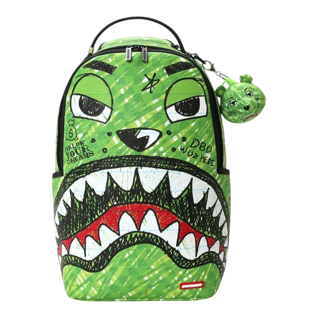 HypeSelection Sprayground Money Bear Doodle DLXSV backpack in green with signature shark mouth and bear keychain.