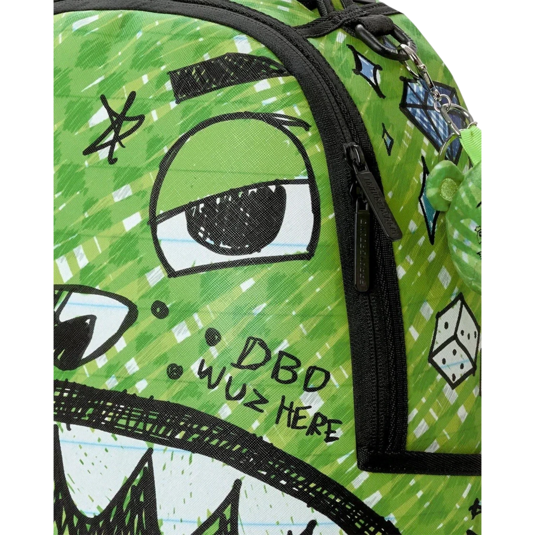 HypeSelection Sprayground Money Bear Doodle backpack featuring a green graphic print with cartoon eyes and text