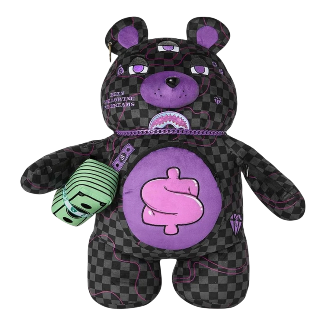 HypeSelection Sprayground Moneybear backpack in black checkerboard with purple slime details and pink dollar belly.