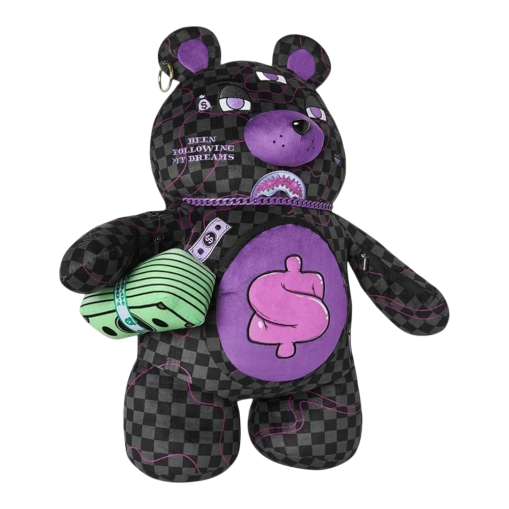 HypeSelection Sprayground Moneybear backpack in black checkerboard velour with purple slime and pink dollar sign.