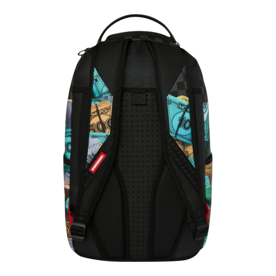 HypeSelection Sprayground Monopoly Money Stacks backpack with black padded straps and back, featuring a graphic print of stacked Monopoly money.