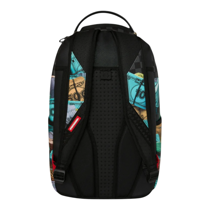 HypeSelection Sprayground Monopoly Money Stacks backpack with black padded straps and back, featuring a graphic print of stacked Monopoly money.