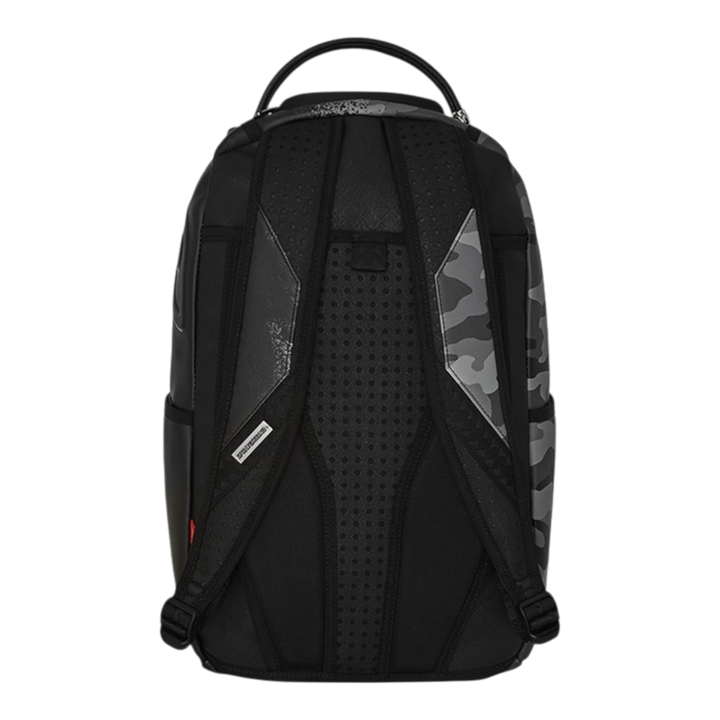 HypeSelection Sprayground Spray Split Night Camo DLXSV backpack featuring a black and grey camo back panel design