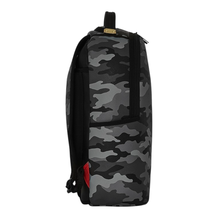 HypeSelection Sprayground Spray Split Night Camo DLXSV backpack in grey and black camouflage print side view