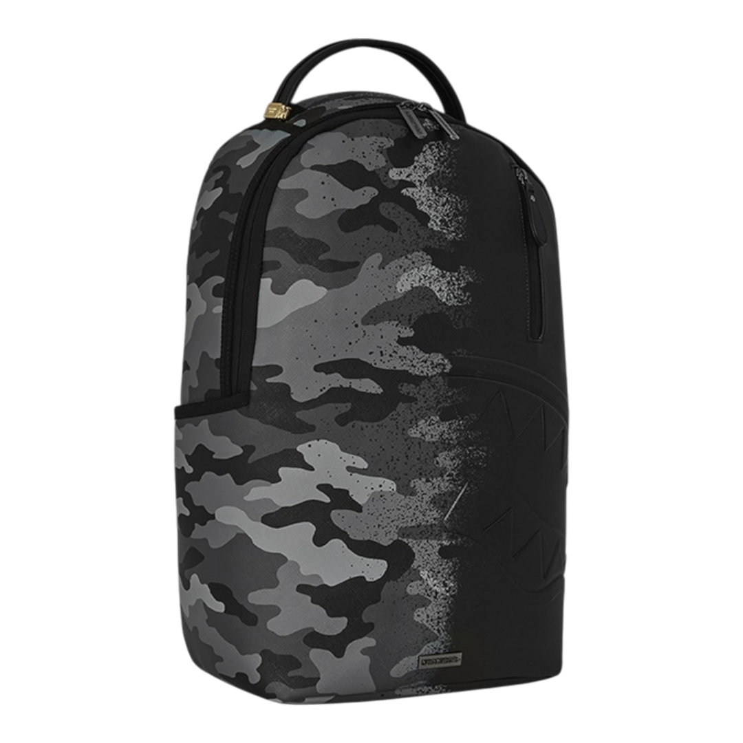 HypeSelection Sprayground Spray Split Night Camo DLXSV backpack with a black and grey camouflage graphic design.
