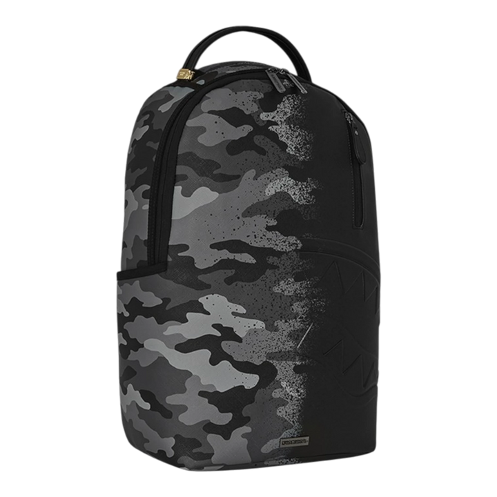 HypeSelection Sprayground Spray Split Night Camo DLXSV backpack with a black and grey camouflage graphic design.