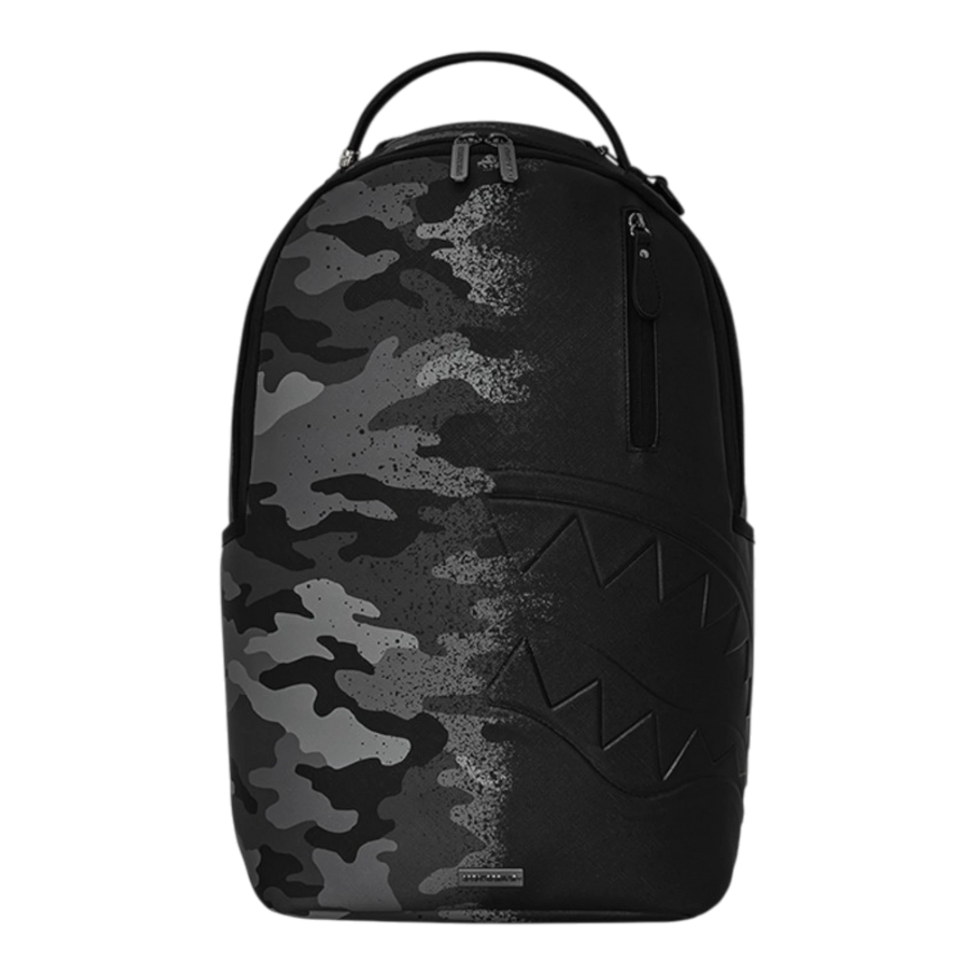 HypeSelection Sprayground Spray Split Night Camo DLXSV backpack with black and grey camouflage and shark mouth detail.