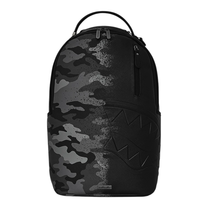 HypeSelection Sprayground Spray Split Night Camo DLXSV backpack with black and grey camouflage and shark mouth detail.