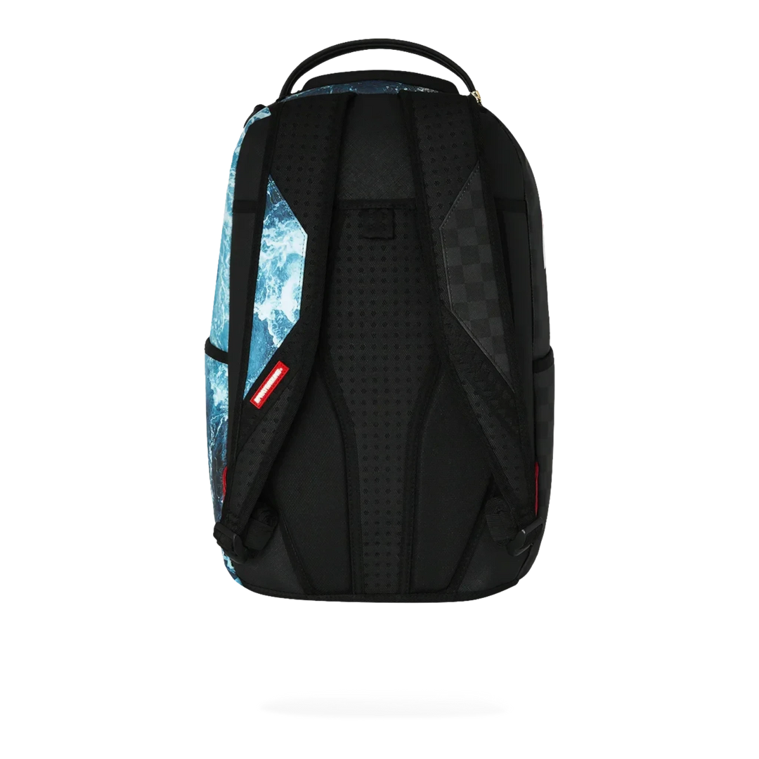 HypeSelection Sprayground Split Ocean Deep DLXSV backpack featuring a black back panel and blue ocean graphic print.
