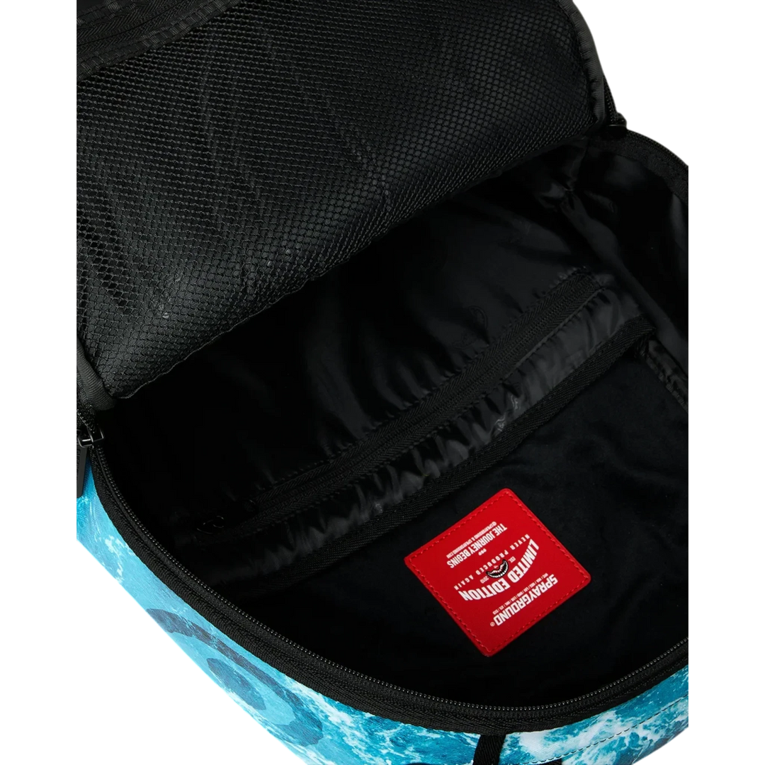 HypeSelection Sprayground Split Ocean Deep backpack interior with black mesh pocket and red limited edition label