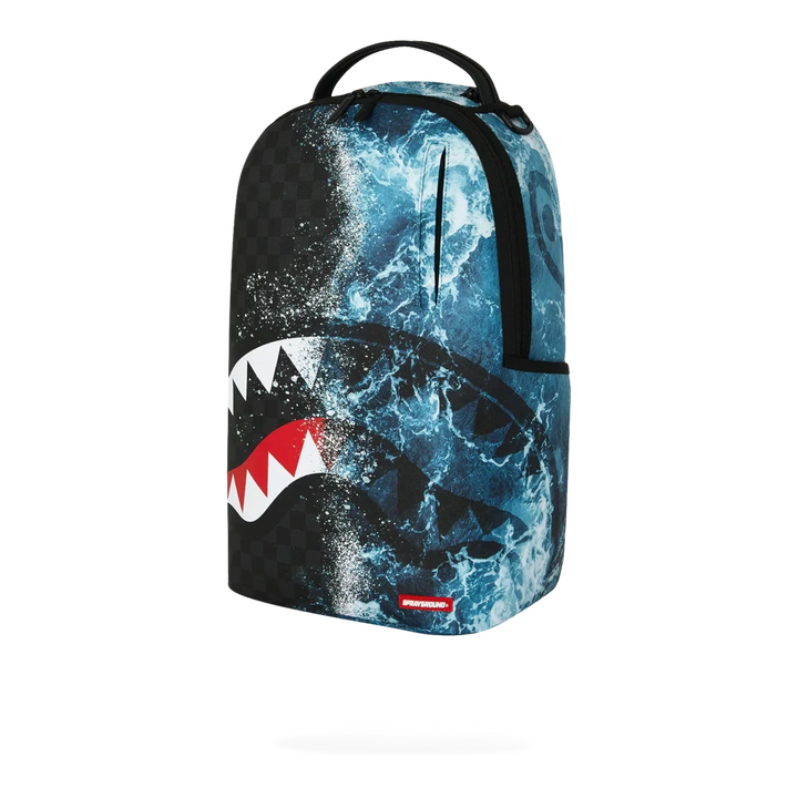 HypeSelection Sprayground Split Ocean Deep backpack featuring a black checkered and blue ocean wave shark mouth design