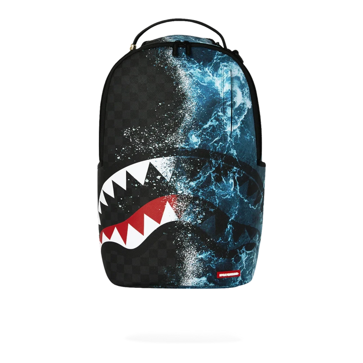 HypeSelection Sprayground Split Ocean Deep DLXSV backpack featuring a shark mouth graphic and blue water design