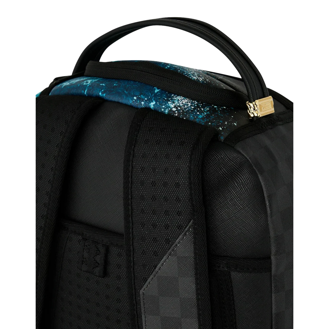 HypeSelection Sprayground Split Ocean Deep backpack featuring a black checkered pattern and blue galaxy print top.