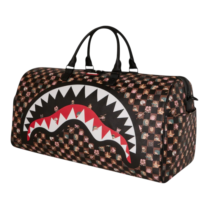 HypeSelection Sprayground Peeking Characters Remix duffle bag with shark mouth graphic and all-over character print. Black PVC.
