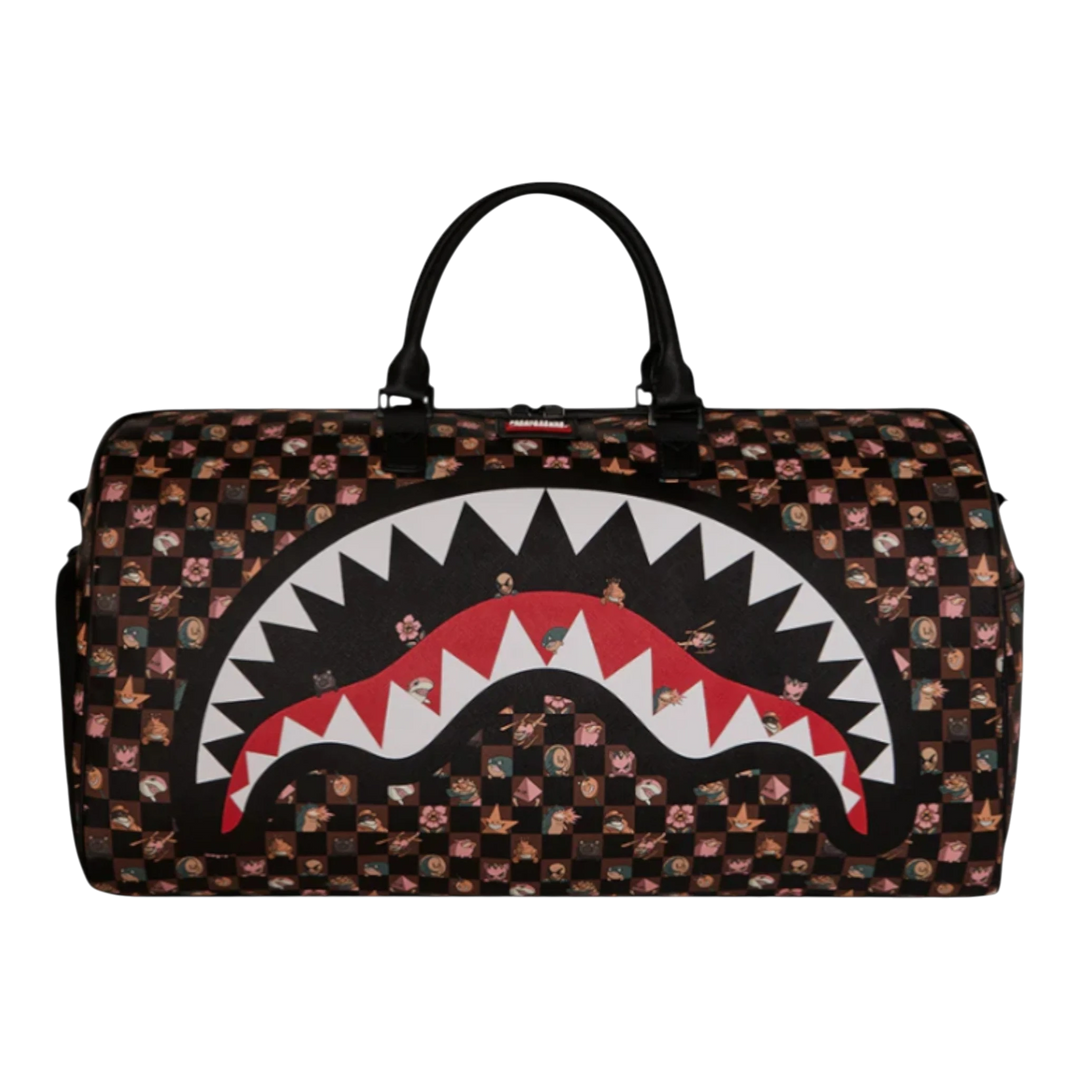 HypeSelection Sprayground duffle bag with black checkered pattern and colorful peeking characters, featuring a white shark mouth graphic with red accents.