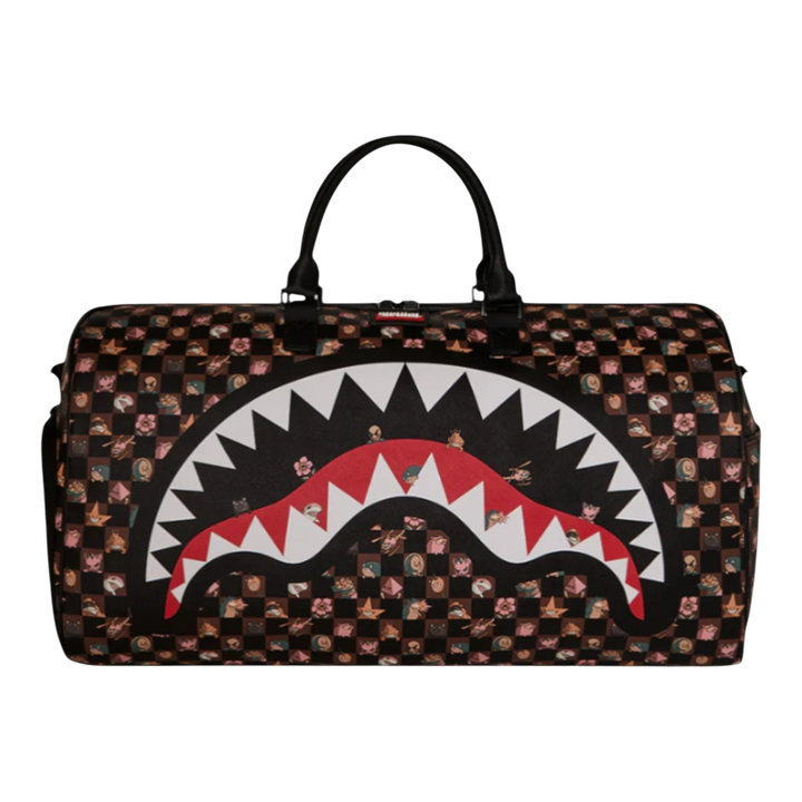 HypeSelection Sprayground duffle bag with black checkered pattern and colorful peeking characters, featuring a white shark mouth graphic with red accents.