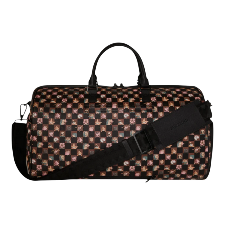 HypeSelection Sprayground Peeking Characters Remix duffle bag in brown PVC with a checkered pattern and gold-tone hardware.