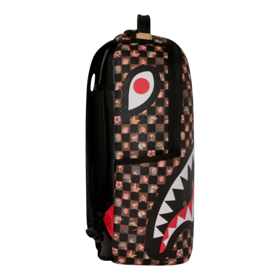HypeSelection Sprayground Peeking Characters Remix Backpack with shark mouth graphic and all-over character print on black checkered PVC.