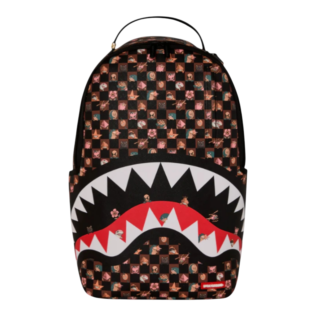 HypeSelection Sprayground Peeking Characters Remix backpack with shark mouth graphic and all-over character print. Black PVC.
