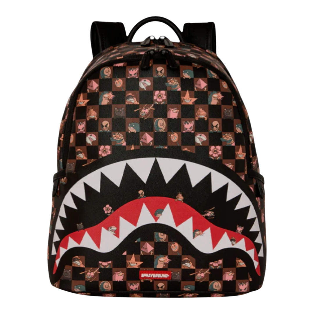 HypeSelection Sprayground Peeking Characters Remix Savage backpack with shark mouth graphic and checkered pattern.