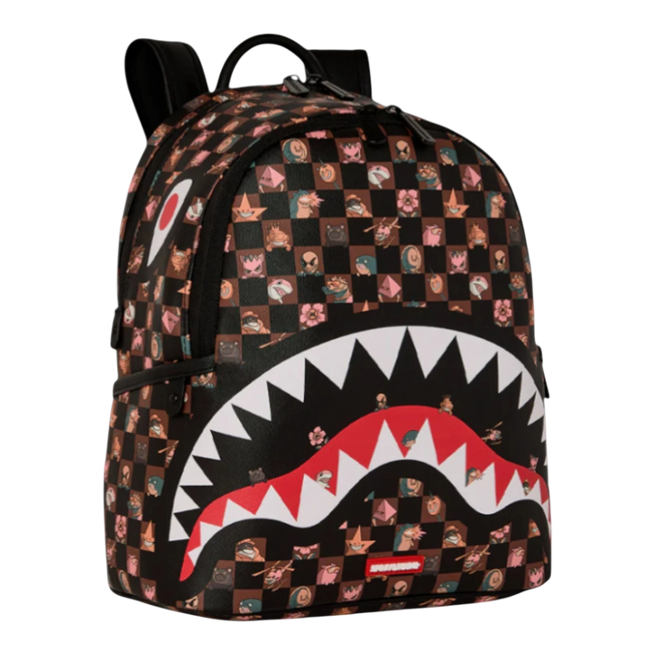 HypeSelection Sprayground Peeking Characters Remix Savage backpack with shark mouth graphic and checkered pattern.