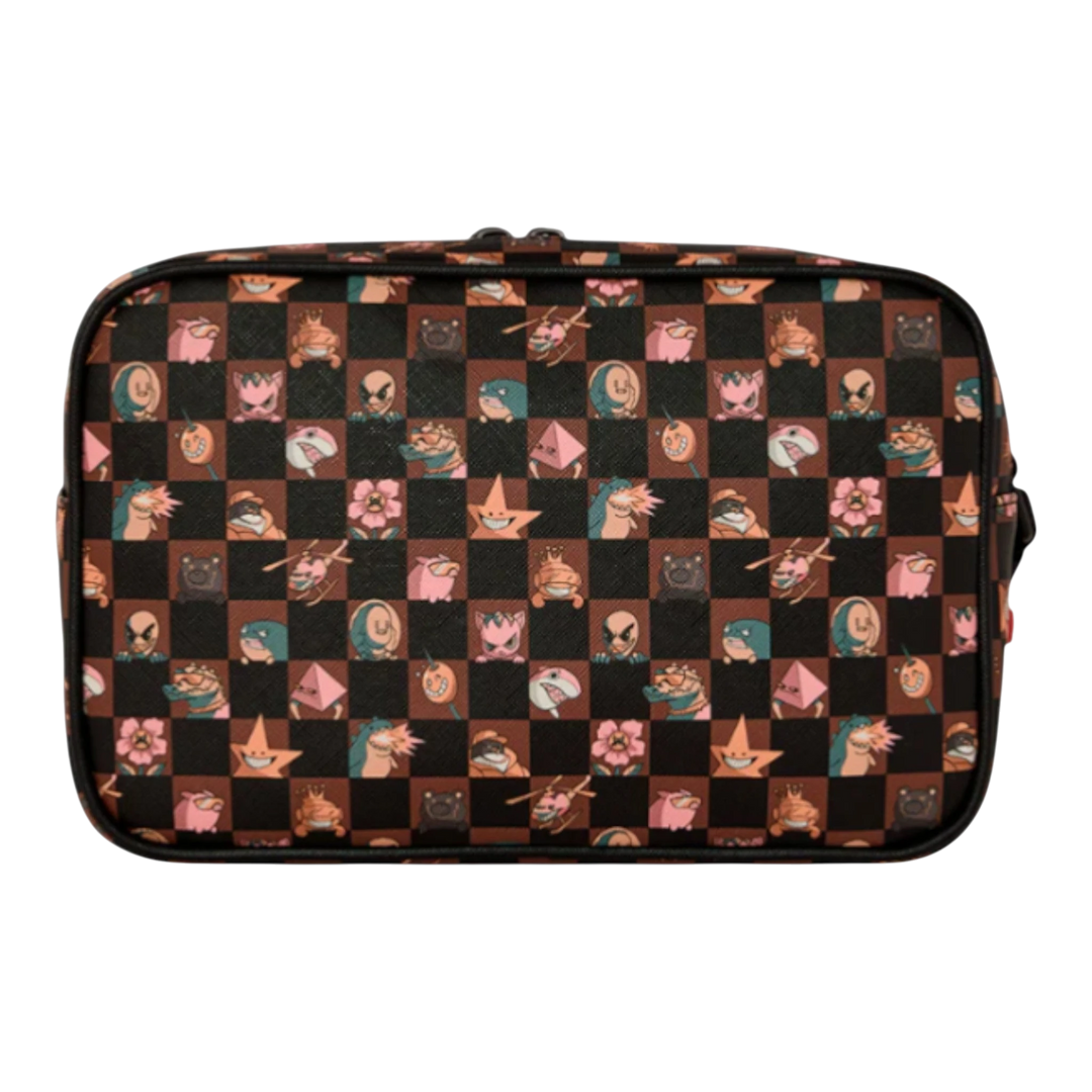 HypeSelection Sprayground Peeking Characters Remix toiletry bag with a checkerboard pattern featuring various cartoon characters. Made of 100% PVC.