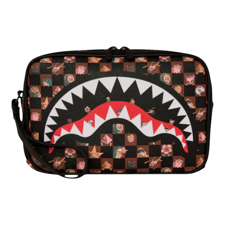 HypeSelection Sprayground Peeking Characters Remix toiletry bag with shark mouth graphic and checkered pattern. Black PVC.