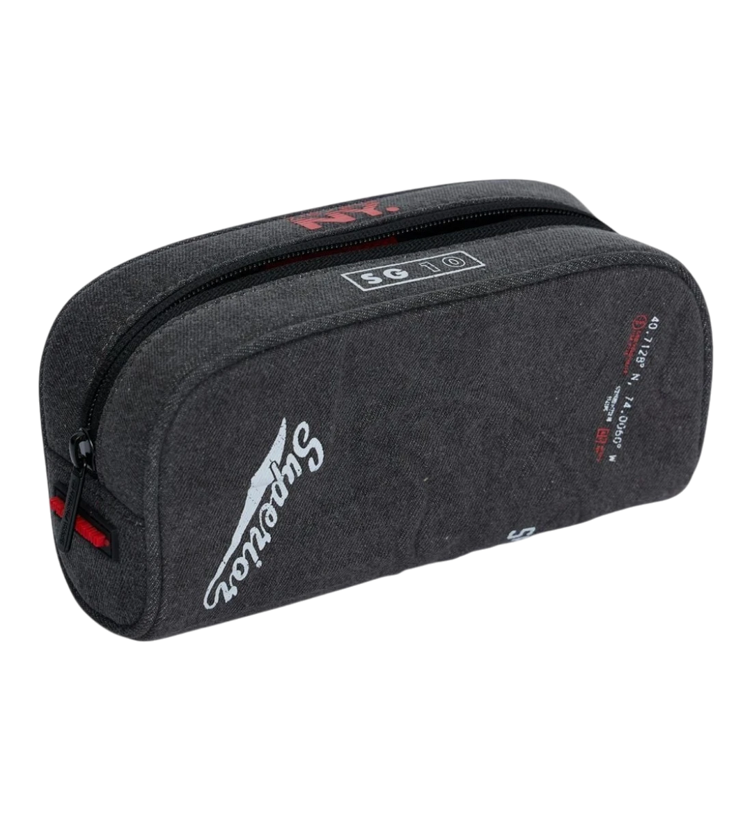 HypeSelection Sprayground Rebel With A Cause pencil pouch in grey with graphic text and zip closure