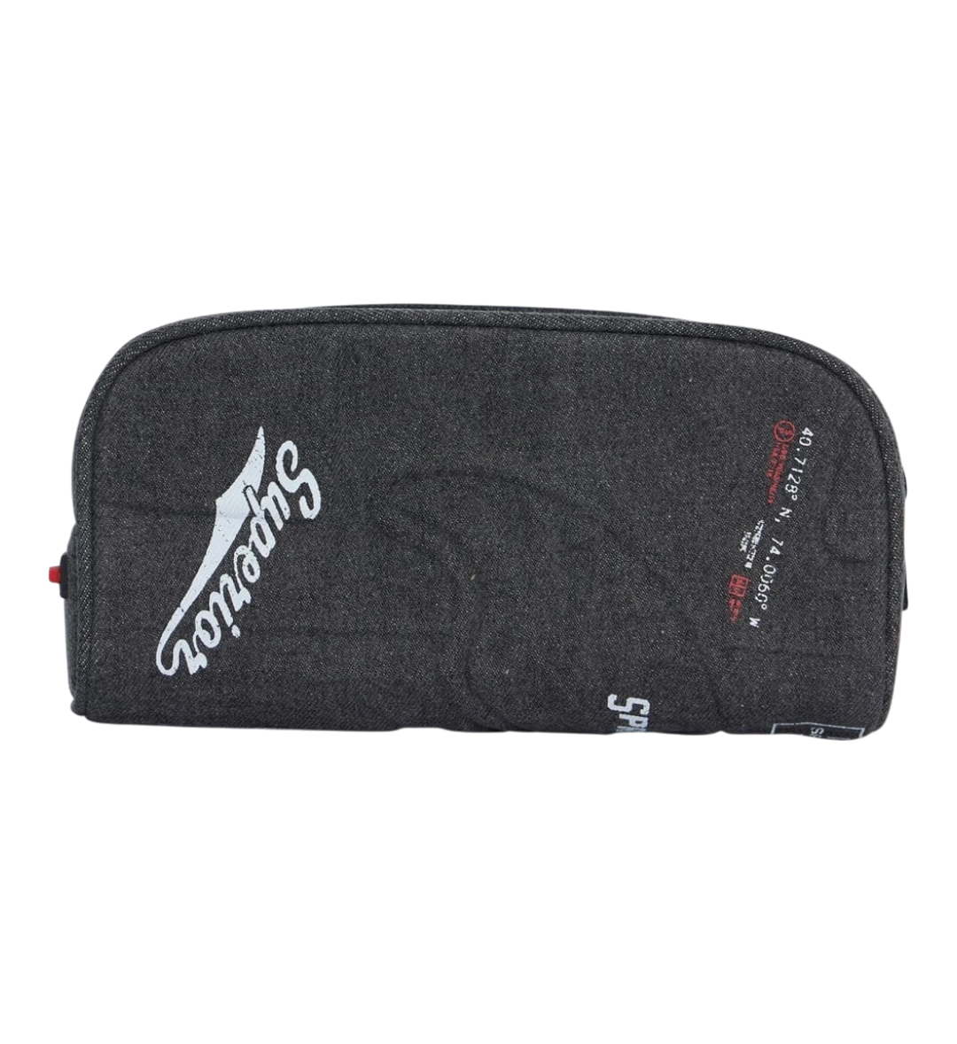 HypeSelection Sprayground Rebel With A Cause pencil pouch in dark grey with white graphic text and coordinates.