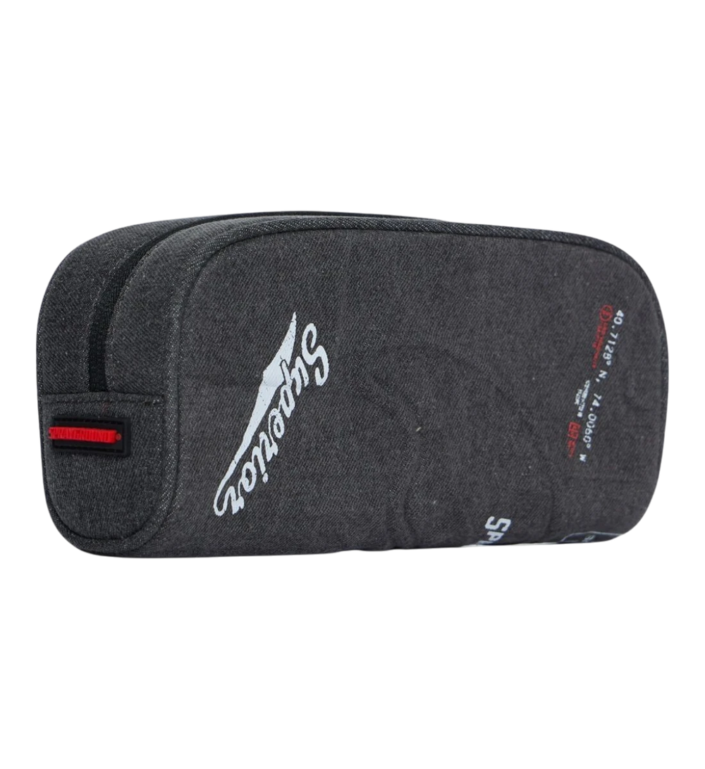 HypeSelection Sprayground Rebel With A Cause pencil pouch in charcoal grey with white graphic text and zip closure.