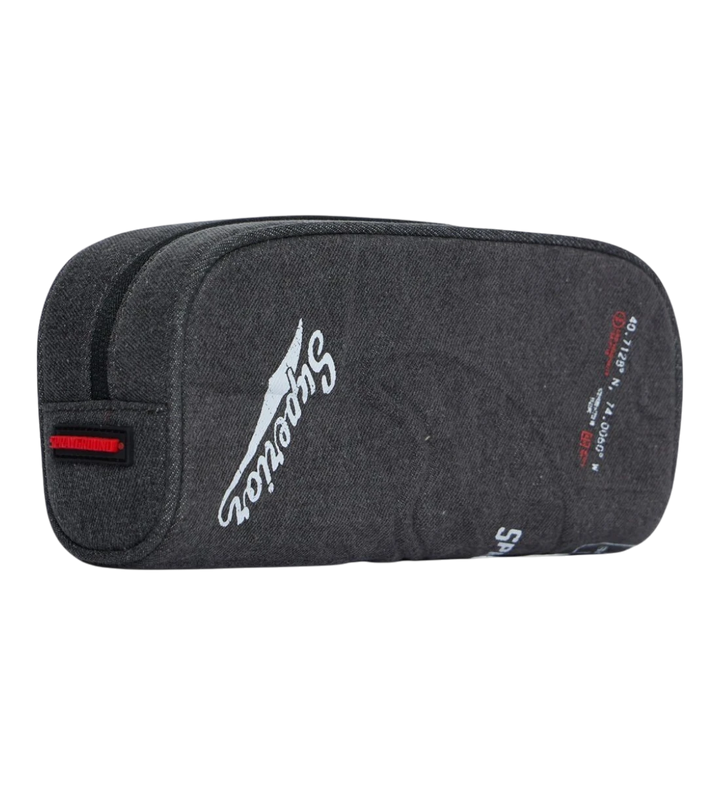 HypeSelection Sprayground Rebel With A Cause pencil pouch in charcoal grey with white graphic text and zip closure.