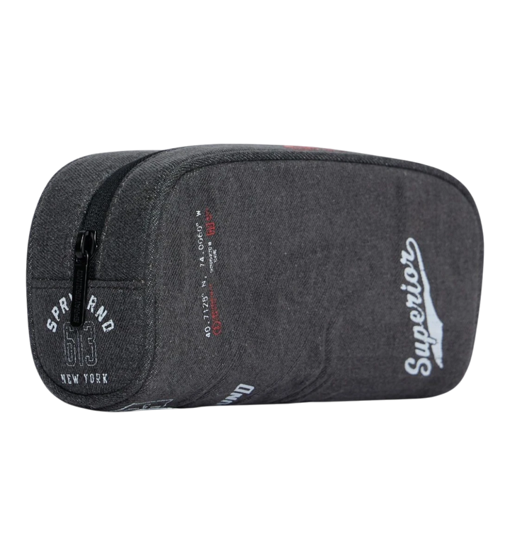 HypeSelection Sprayground Rebel With A Cause pencil pouch in charcoal grey with white graphic branding and zip closure
