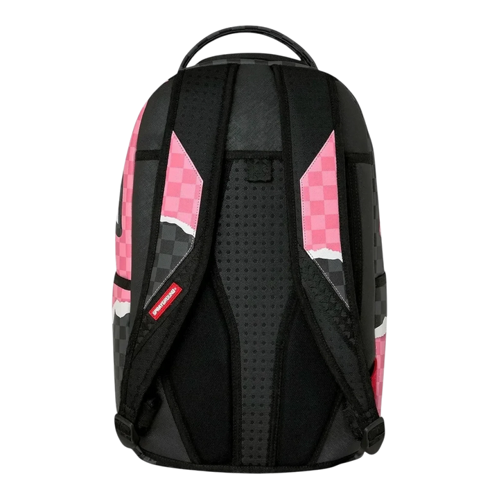 HypeSelection Sprayground Pink Panther backpack featuring a black and pink checkered pattern with padded shoulder straps