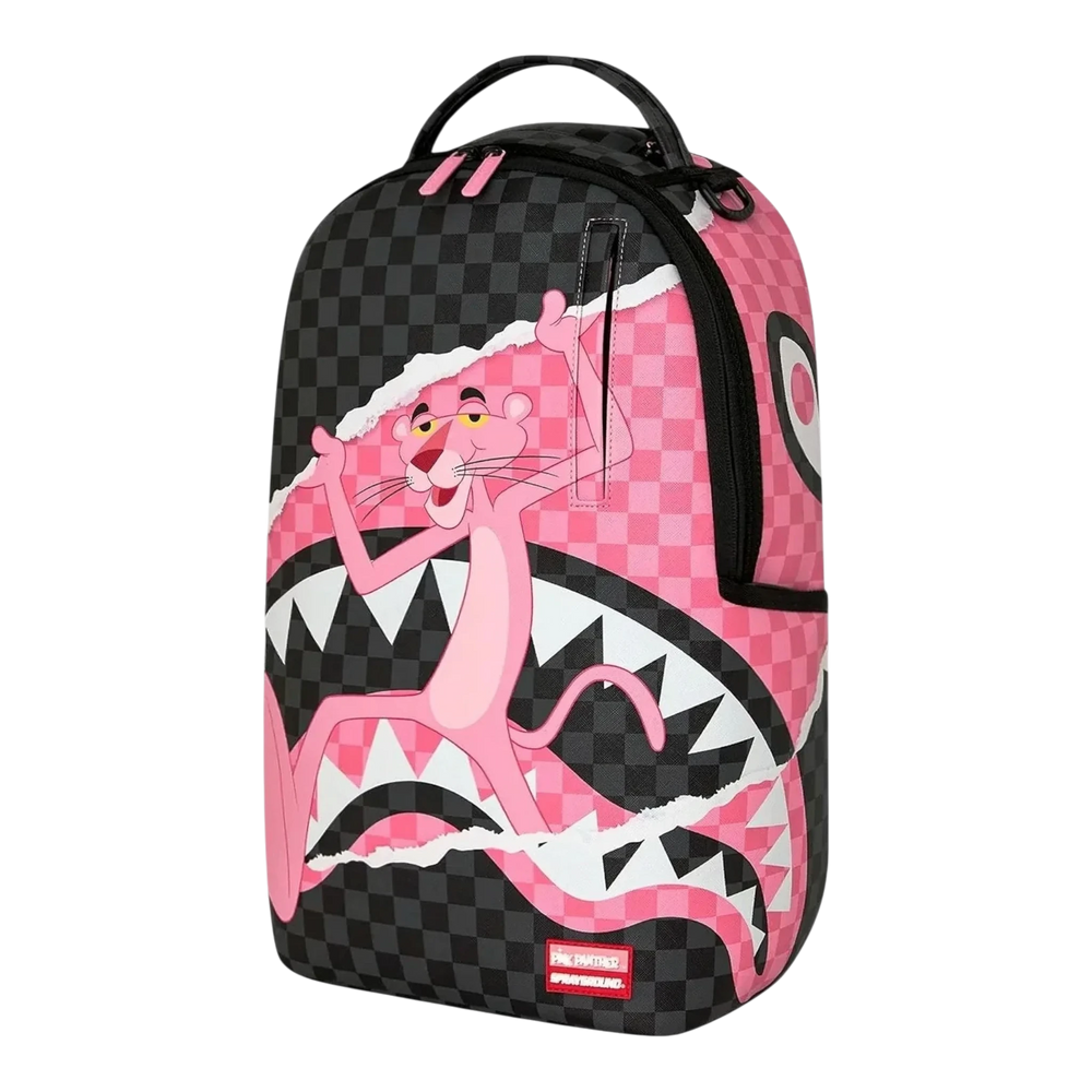HypeSelection Sprayground Pink Panther On The Run backpack featuring a black and pink checkered shark mouth graphic