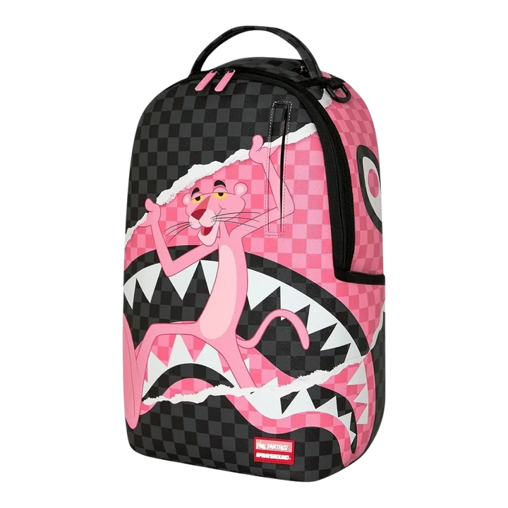 HypeSelection Sprayground Pink Panther On The Run backpack featuring a black and pink checkered shark mouth graphic
