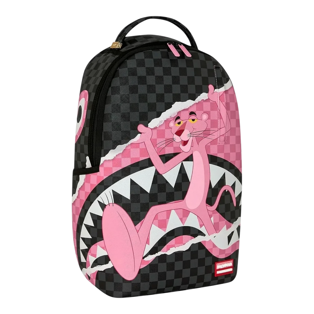 HypeSelection Sprayground Pink Panther backpack featuring a black checkered pattern and iconic shark mouth graphic.