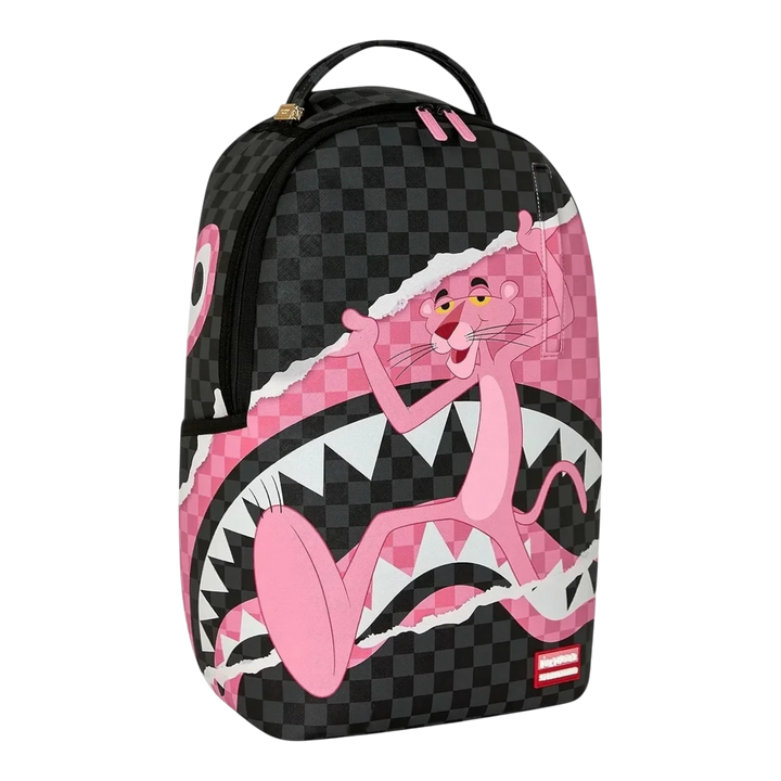 HypeSelection Sprayground Pink Panther backpack featuring a black checkered pattern and iconic shark mouth graphic.