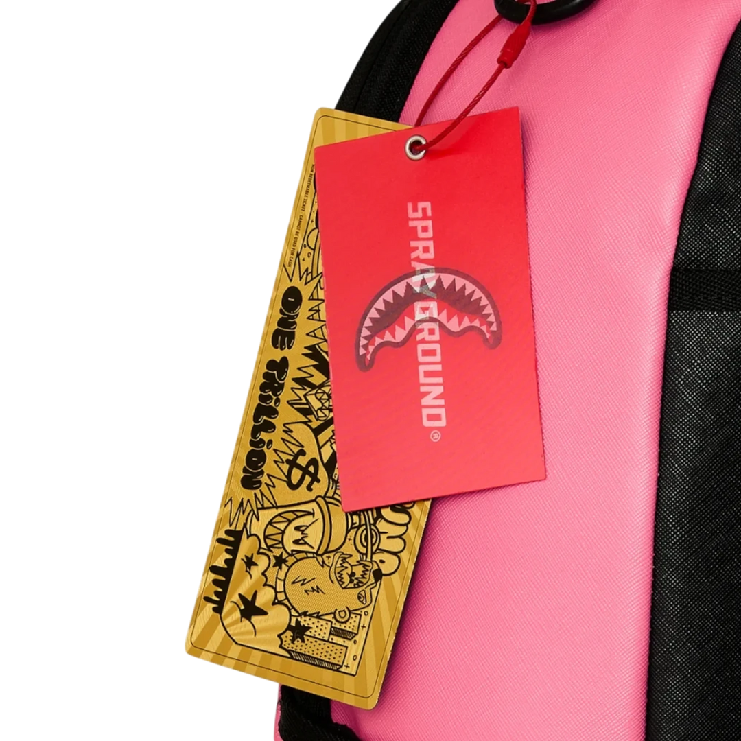 HypeSelection Sprayground Shark Central pink backpack with branded red and gold hang tags attached