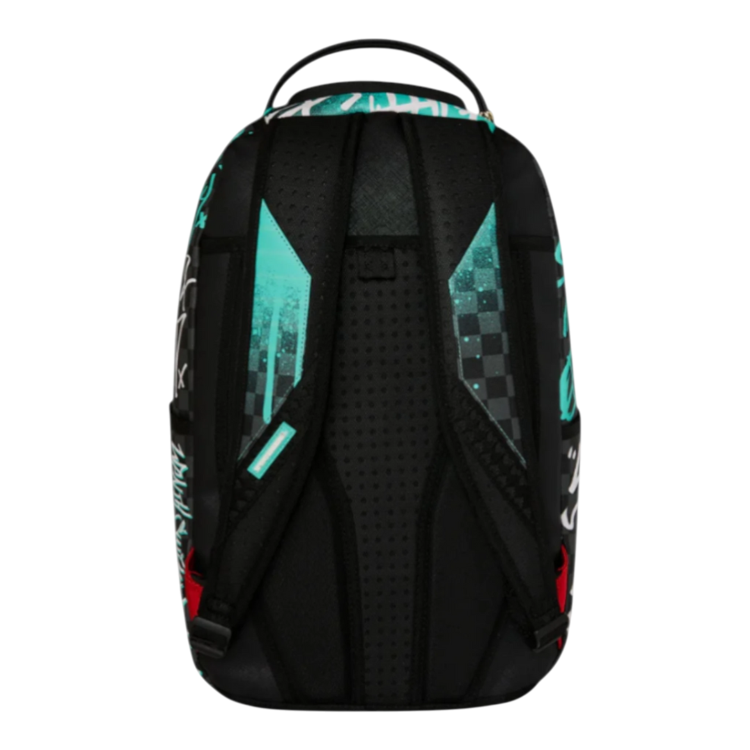 HypeSelection Sprayground Spray Poetry III backpack with graffiti art, shark motif, black, teal, and red accents. Features padded straps and mesh back.