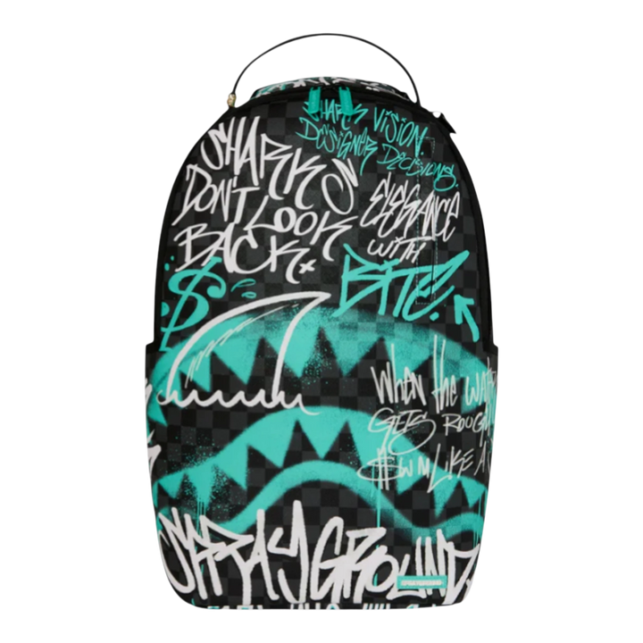 HypeSelection Sprayground Spray Poetry III backpack with graffiti art, shark motif, and black checkered pattern. Made of faux leather.